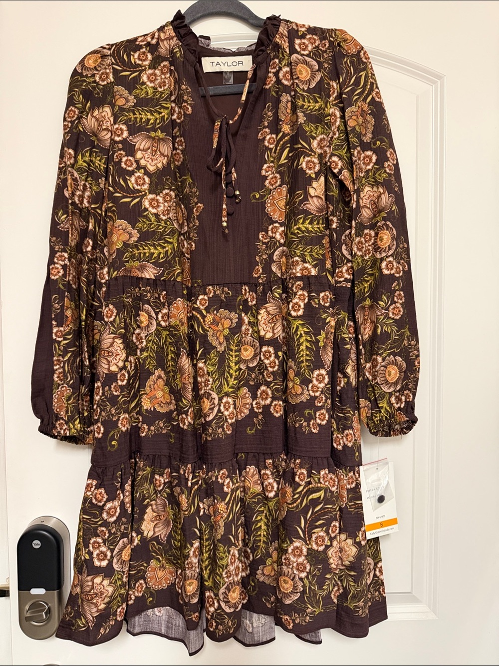 Taylor Chocolate Floral Tiered Long-Sleeve Dress